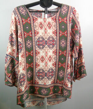 Fourteenth Place Women's Bell Sleeve Boho Tunic Shirt Large